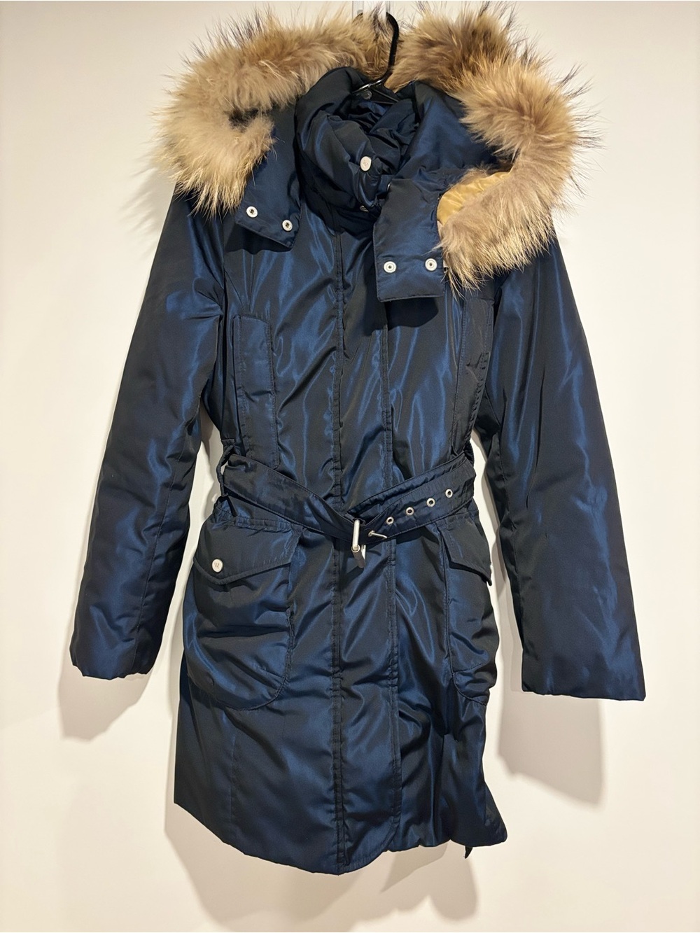 Weekend Max Mara Navy Down Belted Fur Hooded Parka Puffer Coat Size 6